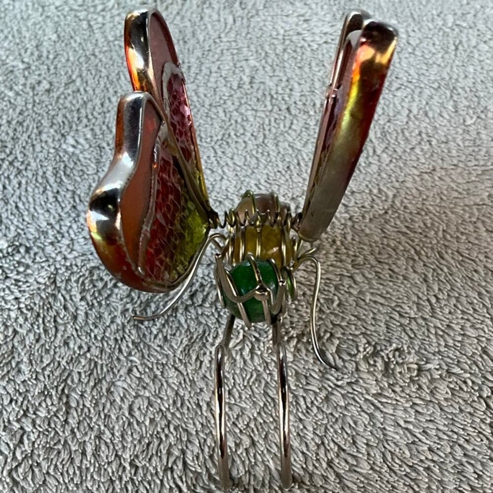 Vintage Multi Color Stained Glass Flower Pot Hanger Butterfly - WINGS MOVE - 4" - Picture 2 of 5